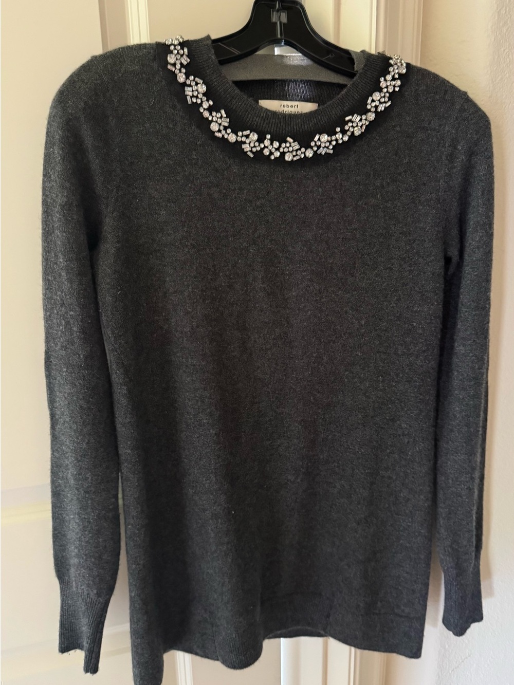 Robert Rodriguez Charcoal Crewneck Sweater with Crystal Embellished Neckline
